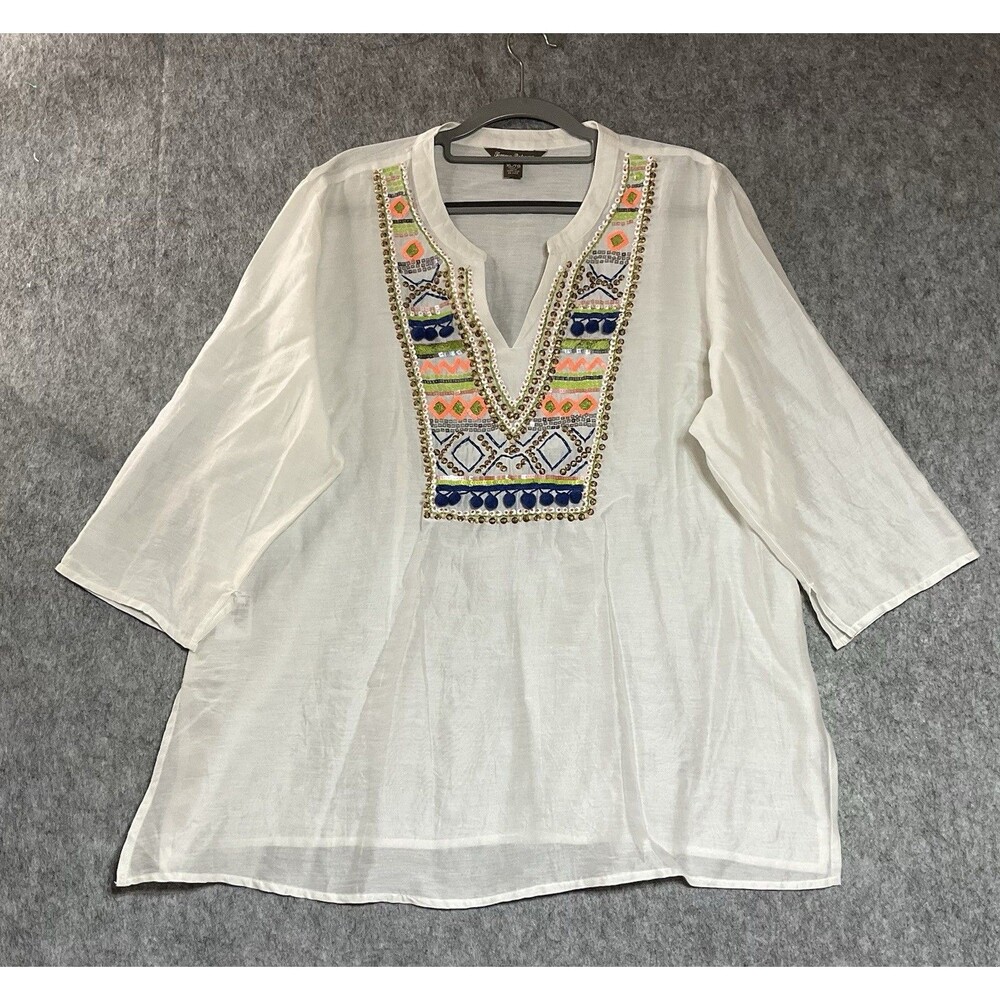 Tommy Bahama Shirt Womens XL White Embroidered Beaded Silk Blend Boho Top Resort